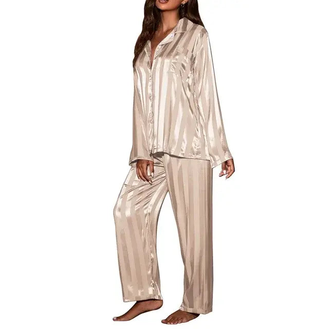 Women's striped pajama set, solid French silk satin pajamas, two piece set, comfortable home pajamas