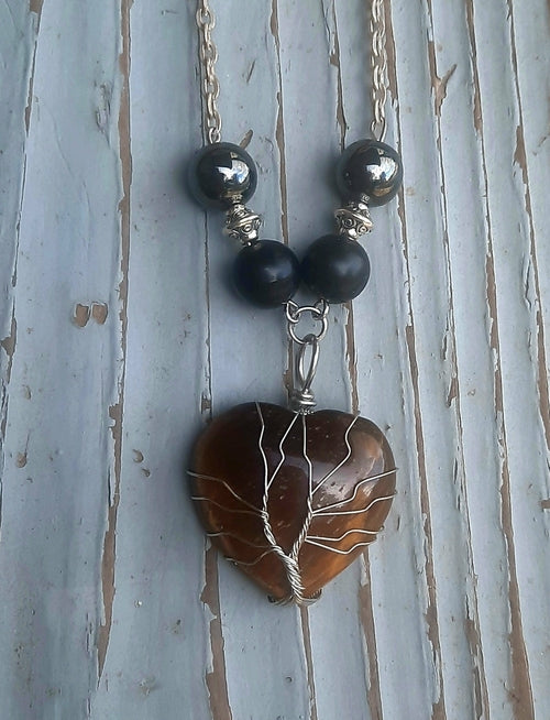 Crystal Heart Shungite Hematite Black Tourmaline Wire Wrapped Necklace Jewelry