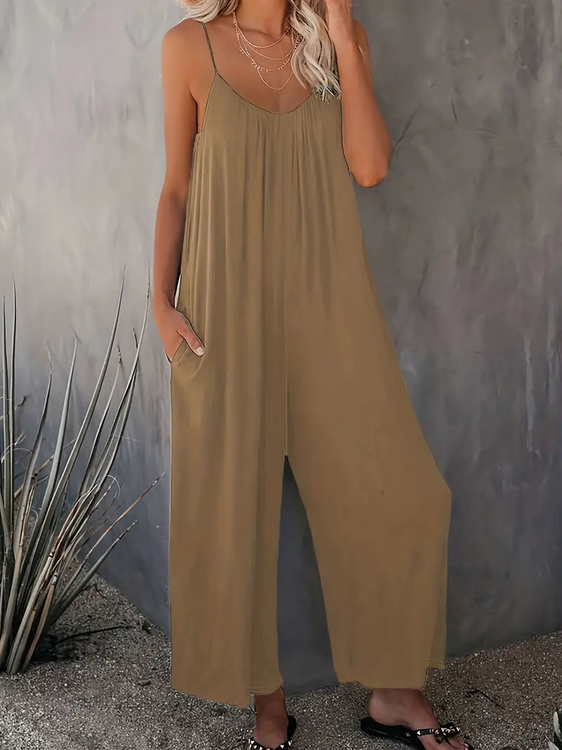 Boho Spaghetti Ruched Jumpsuit, Casual Sleeveless Long Length Wide Leg Jumpsuit, Women's Clothing Outdoor