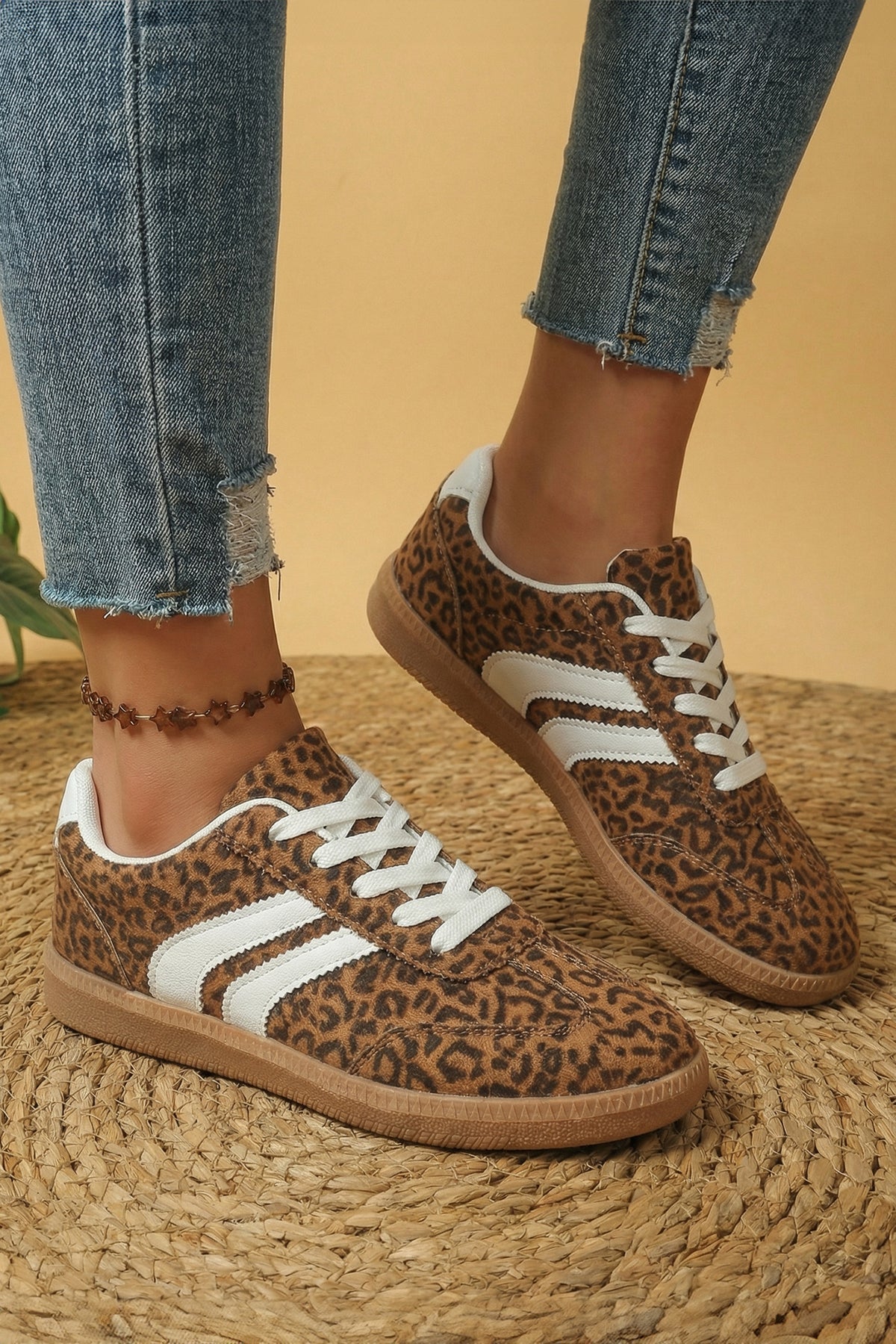 Shimmer Leopard Print Lace-Up Sneakers