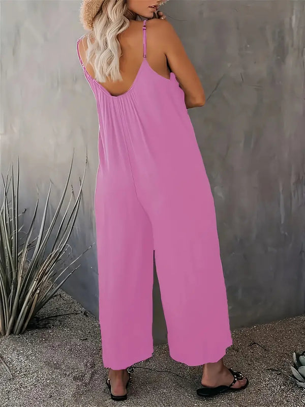 Boho Spaghetti Ruched Jumpsuit, Casual Sleeveless Long Length Wide Leg Jumpsuit, Women's Clothing Outdoor