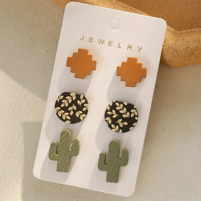 3 Pair Fall Cactus Stud Earrings Jewelry