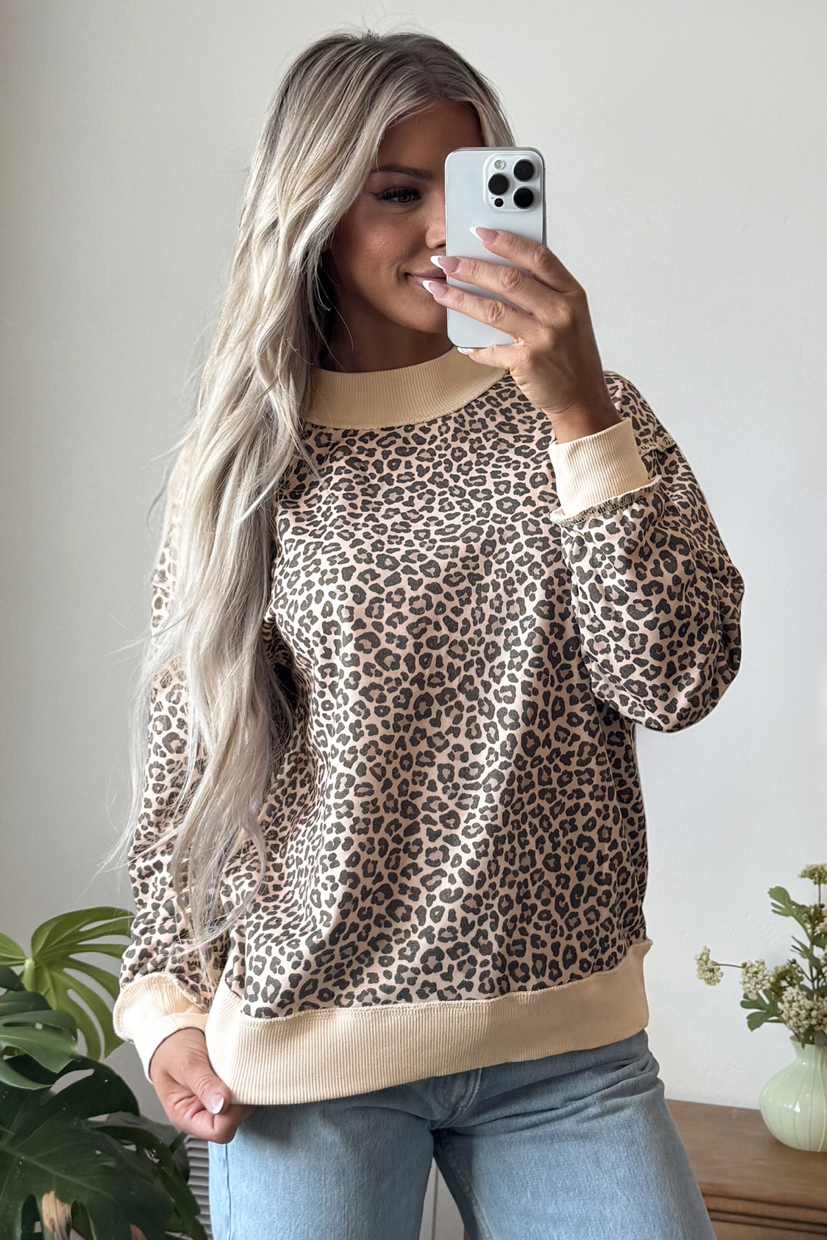 Leopard Print High-Neck Sweatshirt