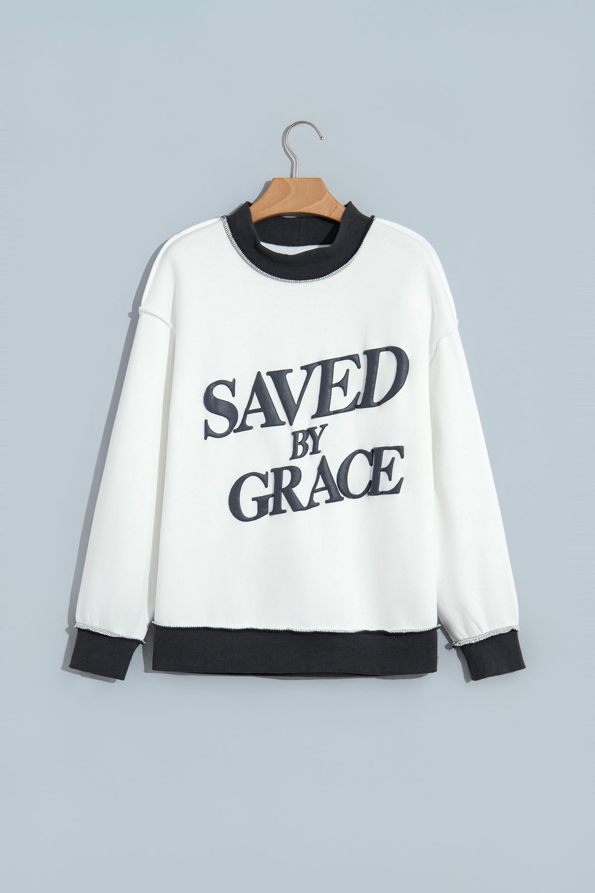 Coffee Saved By Grace Print Color Block Mock Neck Oversized Sweatshirt