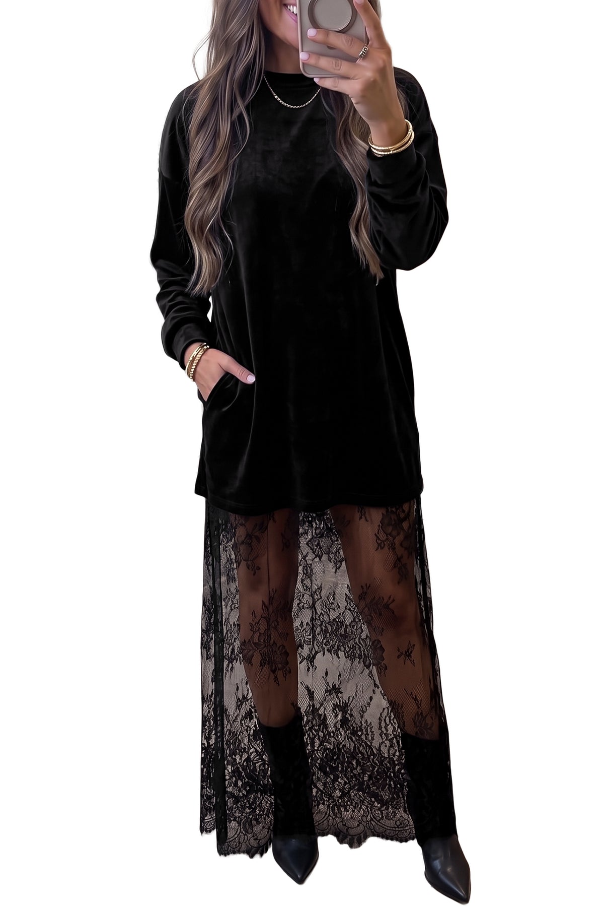 Velvet Maxi Dress with Lace Hem
