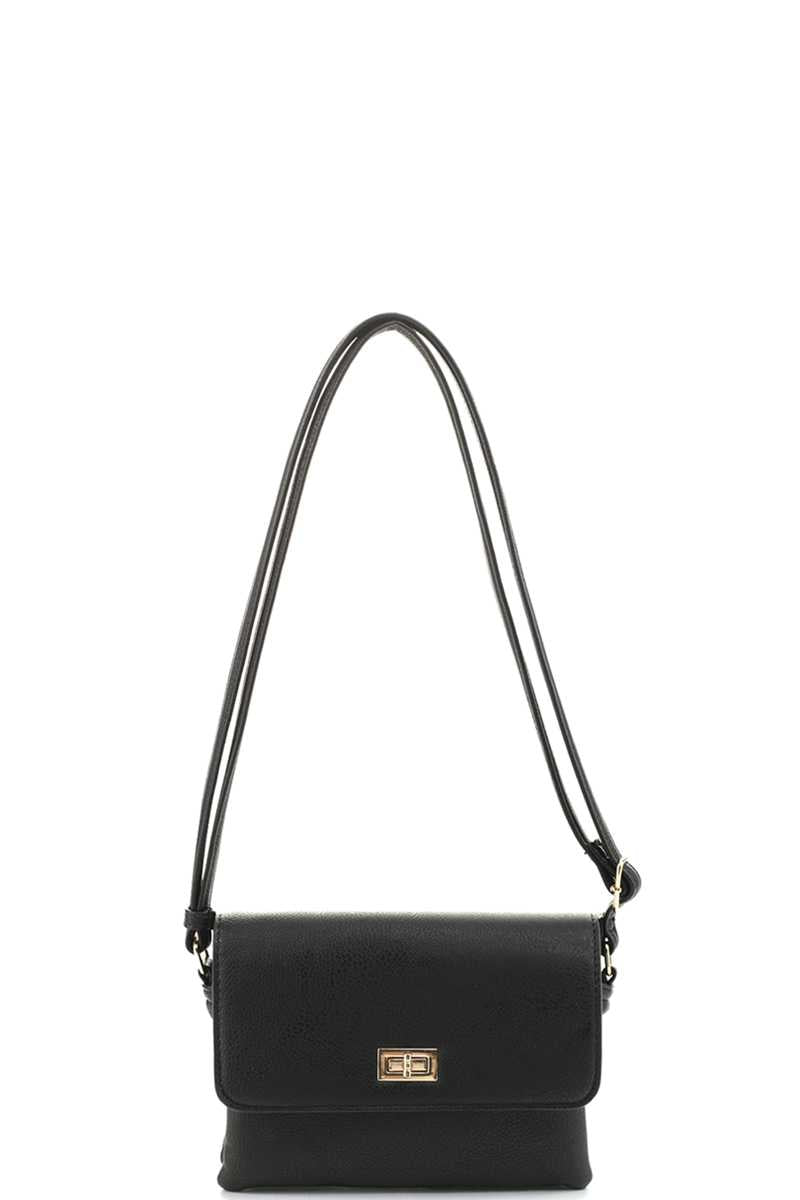 Smooth Colored Crossbody Bag in black with adjustable strap and twist turn open closure.
