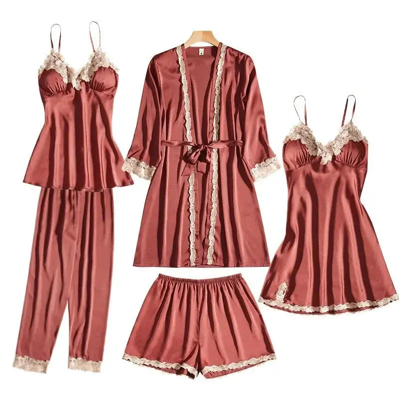 Ice Silk Pajama Women'S Summer Thin Sexy Lace Sling Nightgown Five-Piece Set  Long-Sleeved Home Clothes Smooth