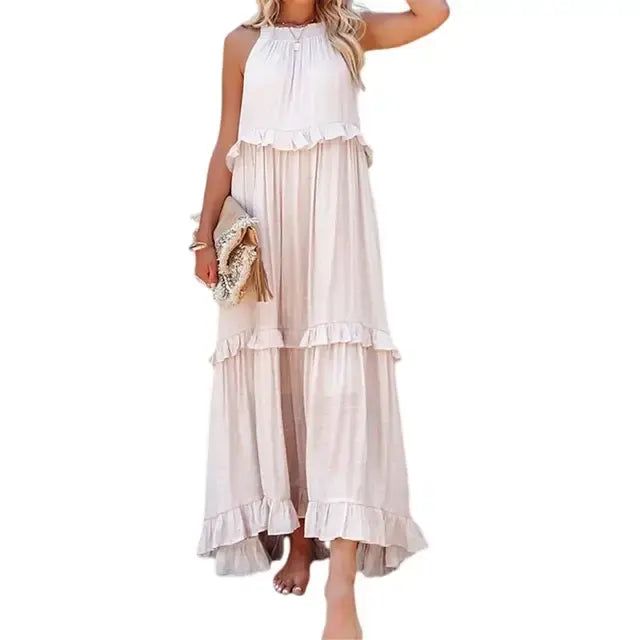Fashion Summer Loose Long Dress Women Casual Elegant Ruffle Halter Sleeveless