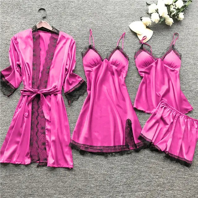 4PCS Sleepwear Pajama Set Silk Women Nightdress Lace Dress Robe Sleep Nightwear Silk Solid Color Pajama Sets