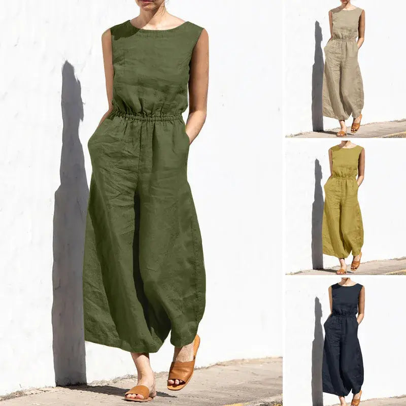 Cotton And Linen Jumpsuit Women Solid Color Sleeveless Pocket High Waist Wide Legs Jumpsuits Casual Commuting Ladies Bodysuits