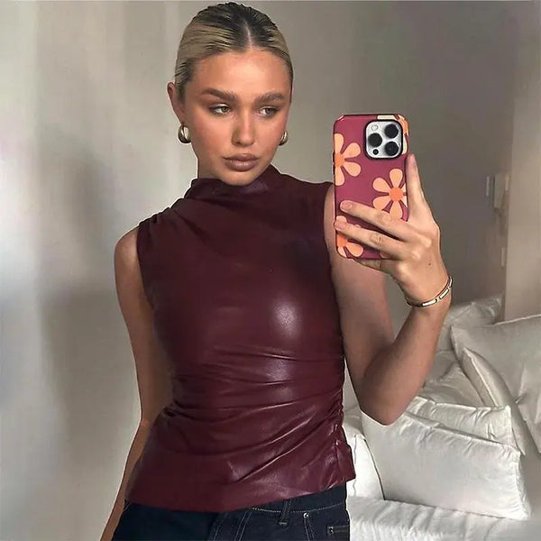 PU Leather Tank Top High Fashion Asymmetrical Ruched Sleeveless Blouse Winter Sexy T Shirt for Women Y2K Clothes