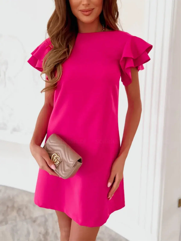 New Women Round Neck Solid Colour Backless Ruffled Short Dress Dress Fashionable Summer Temperament Holiday Slim Dresses