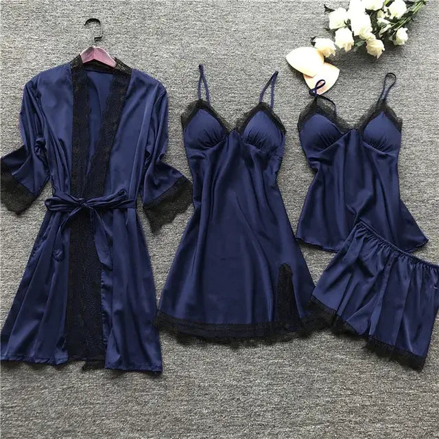 4PCS Sleepwear Pajama Set Silk Women Nightdress Lace Dress Robe Sleep Nightwear Silk Solid Color Pajama Sets