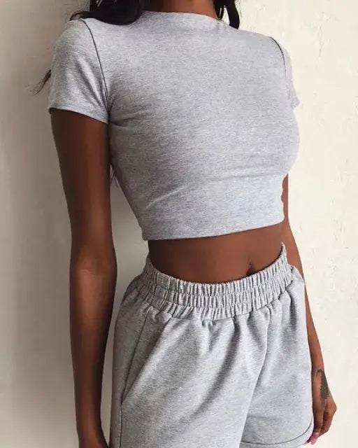 2 Piece Set Women Summer O-Neck Casual Crop Top 2020 Female Clothing Tracksuit Pockets Loose Shorts Two Piece Autumn Fashion Outdoor