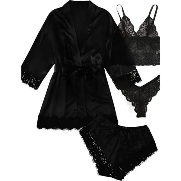 Black Sexy Women's Pajamas Satin 4-piece Lace Silk Suspender Tops Shorts Robe Pajama Set Nightgown Underwear Nightdress Suit