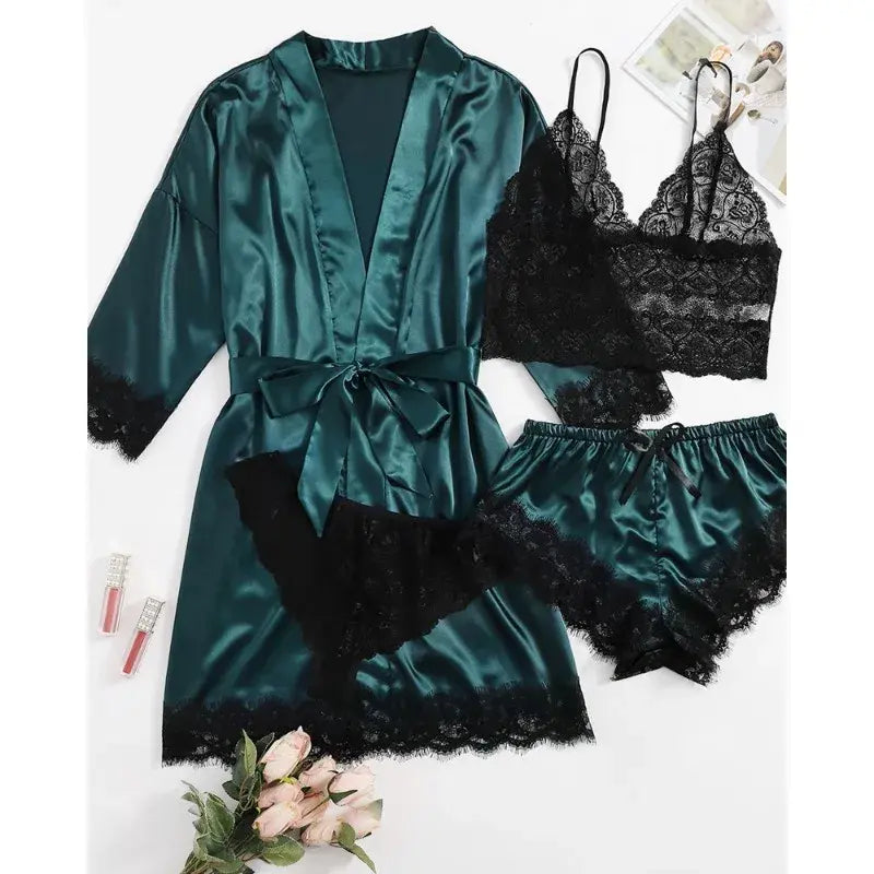 Black Sexy Women's Pajamas Satin 4-piece Lace Silk Suspender Tops Shorts Robe Pajama Set Nightgown Underwear Nightdress Suit
