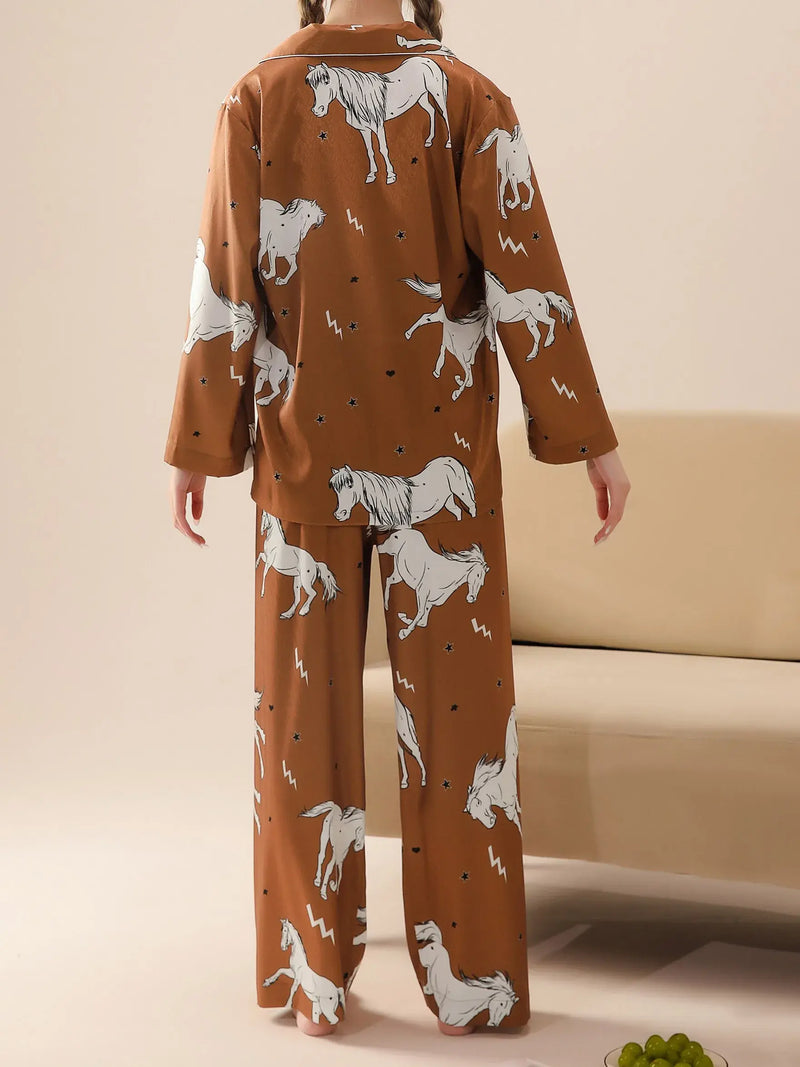 2pcs Pajama Set for Women Long Sleeve and Pants Perfect Sleepwear for Daily Horse Printed Comfortable Silk Texture Satin Pajamas