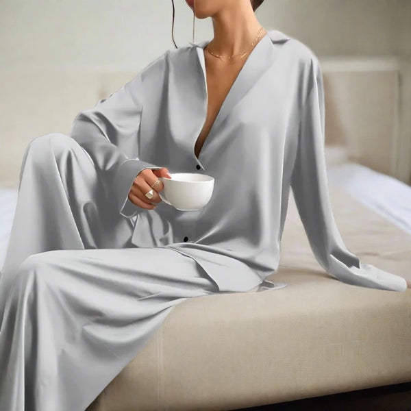 Summer Oversized Satin Silk Sleepwear Low Cut Sexy Pajamas For Women Single-Breasted Long Sleeves Wide Leg Pants Trouser Suits