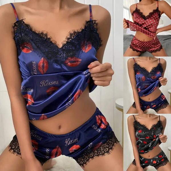 Summer Sexy Seamless Lingerie Women Lace Bowknot Plus Size Sleeveless Sleepwear Sets Pajamas Set Hot Erotic Crop Top Underwear