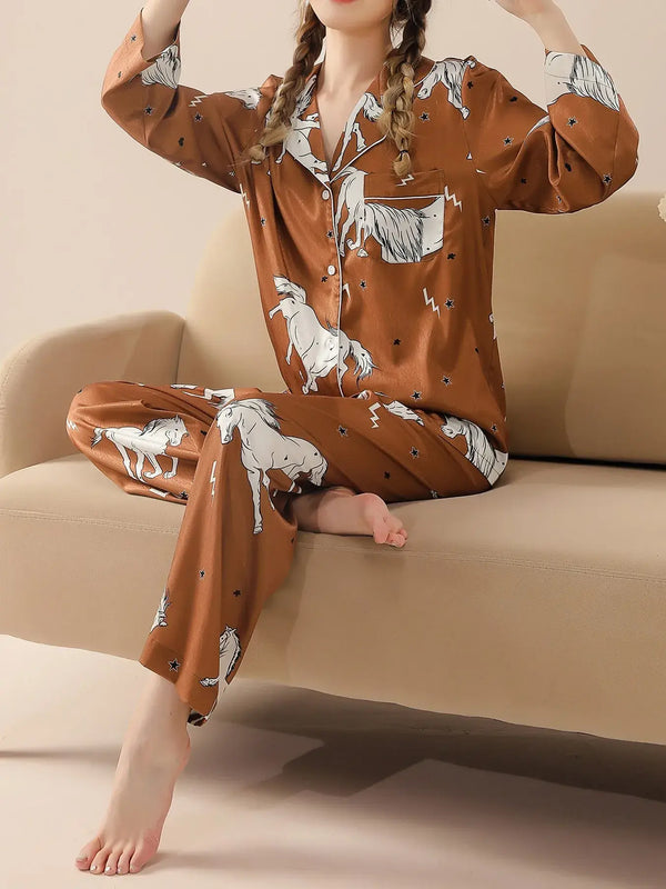 2pcs Pajama Set for Women Long Sleeve and Pants Perfect Sleepwear for Daily Horse Printed Comfortable Silk Texture Satin Pajamas