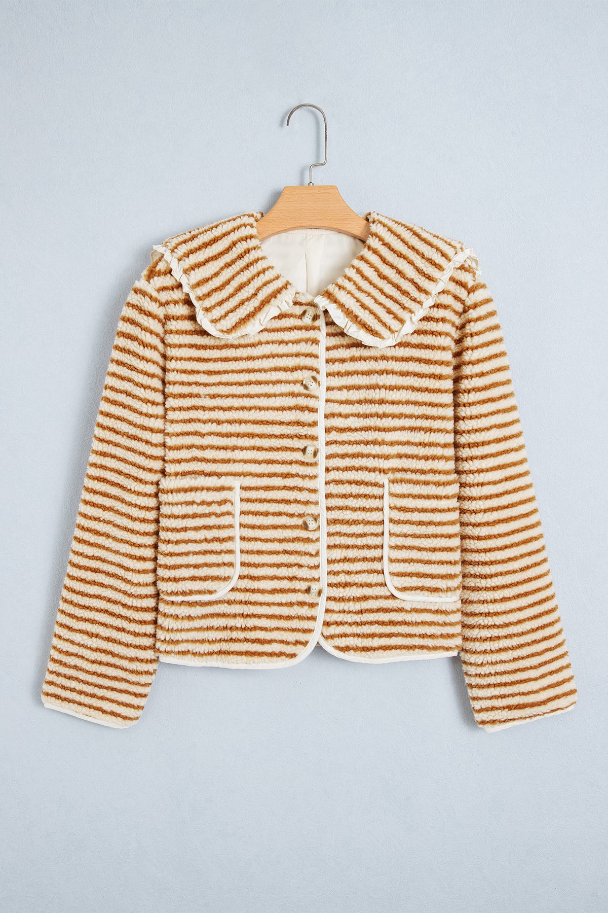 Brown Striped Fleece Jacket with Ruffled Collar