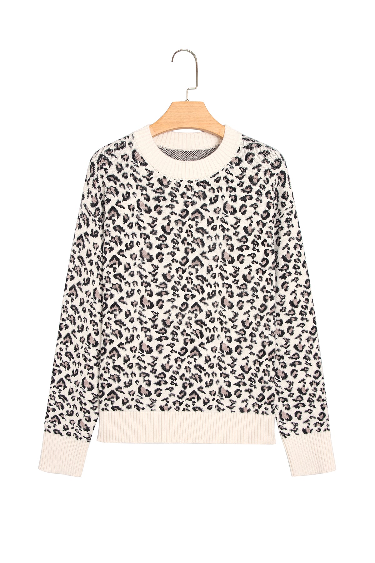 Beige Leopard Print Ribbed Color Block Trim Pullover Sweater