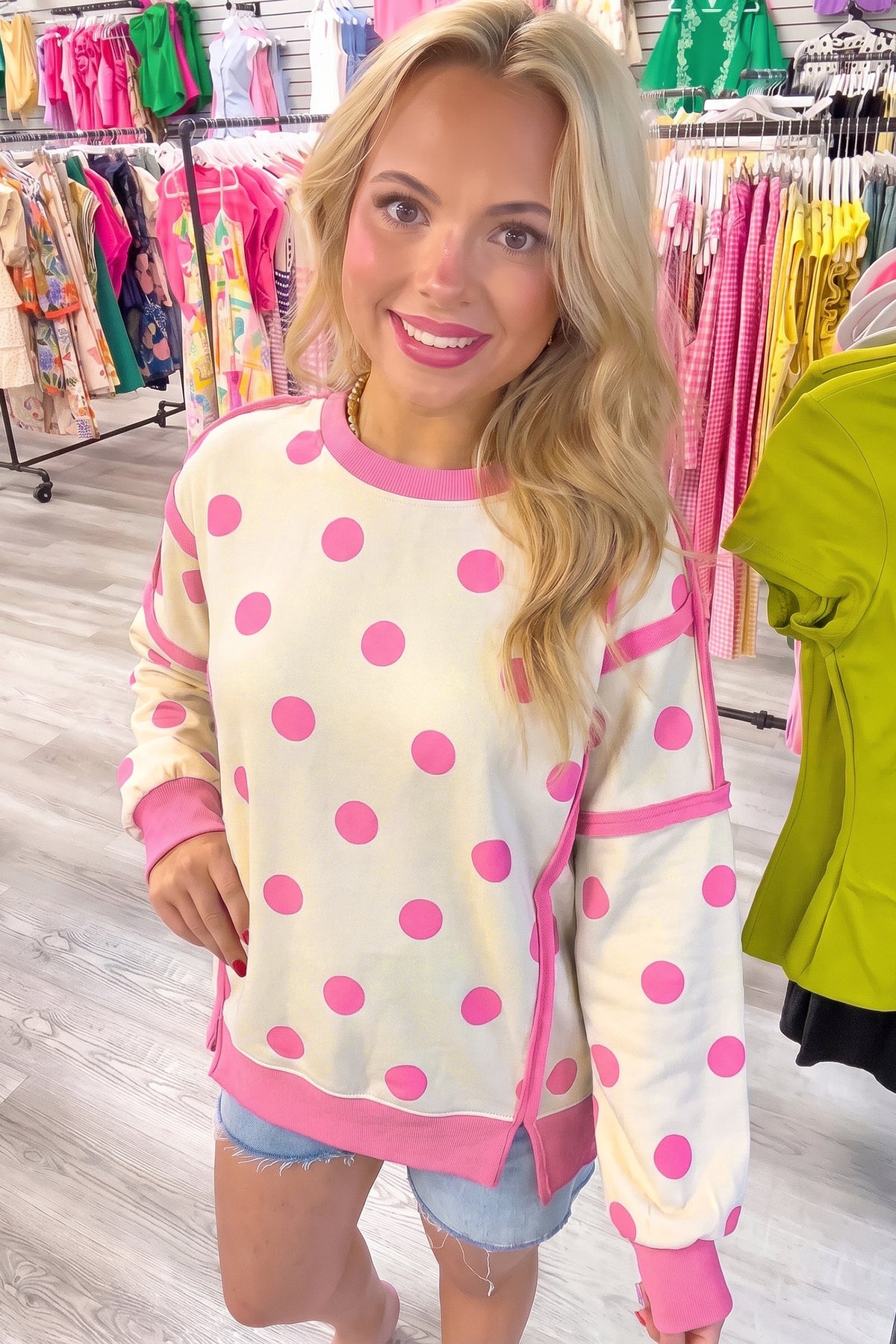 Blue Polka Dot Contrast Patchwork Round Neck Baggy Sweatshirt