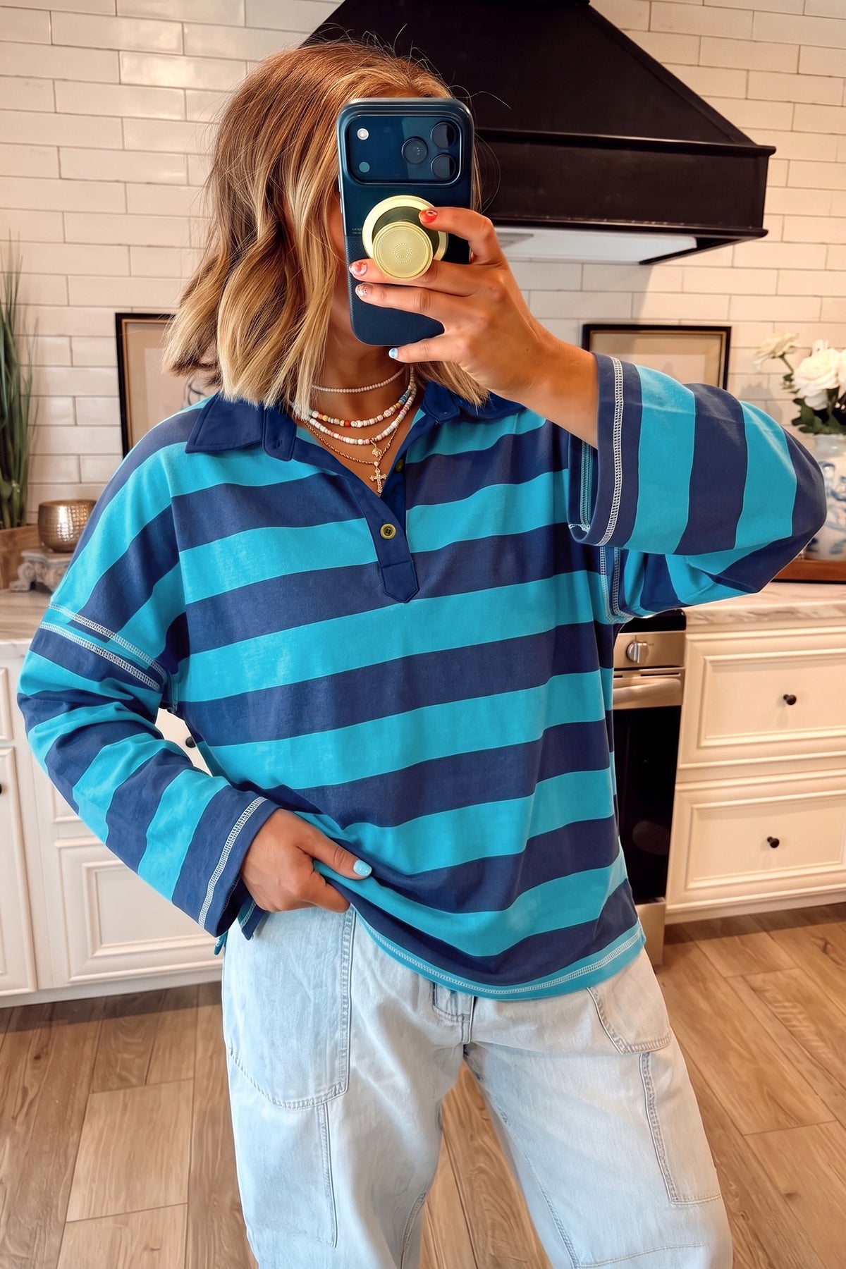 Blue Striped Colorblock Polo-Collar Top