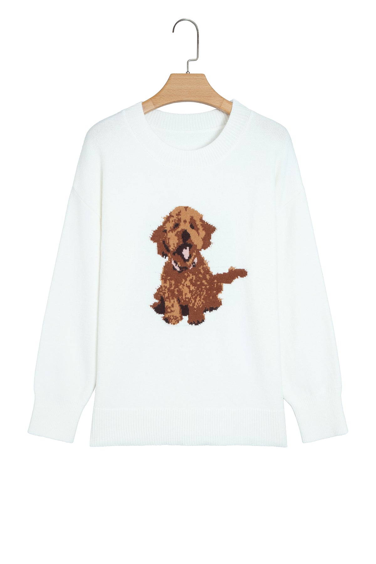 White Cozy Dog Print Relaxed Sweater