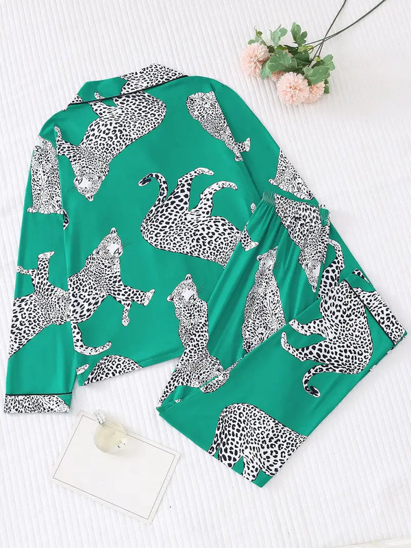 Women's Chic Animal Print Pajama Set - Long Sleeve, Button-Up Top & Elastic Waist Pants, All-Season Comfort Loungewear