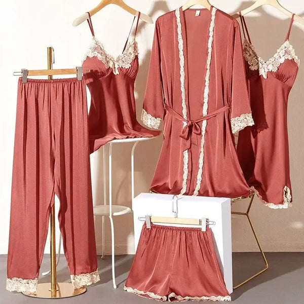 Ice Silk Pajama Women'S Summer Thin Sexy Lace Sling Nightgown Five-Piece Set  Long-Sleeved Home Clothes Smooth