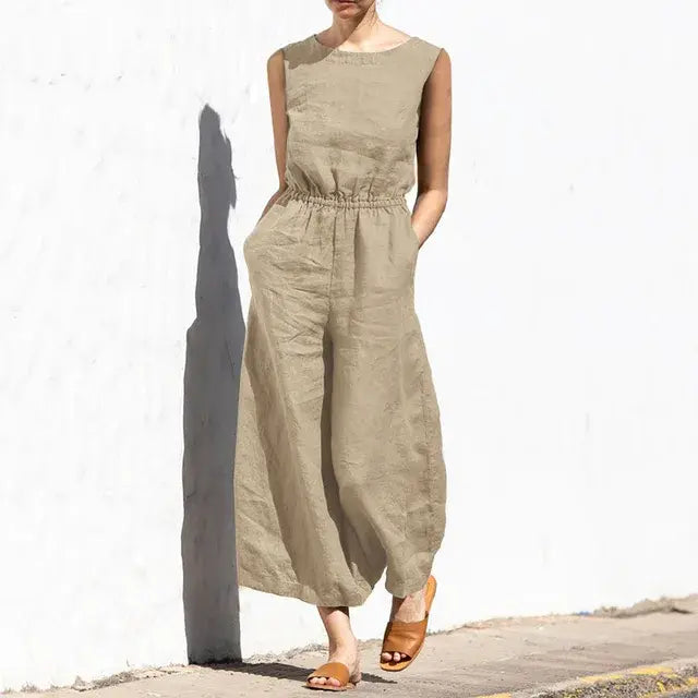 Cotton And Linen Jumpsuit Women Solid Color Sleeveless Pocket High Waist Wide Legs Jumpsuits Casual Commuting Ladies Bodysuits