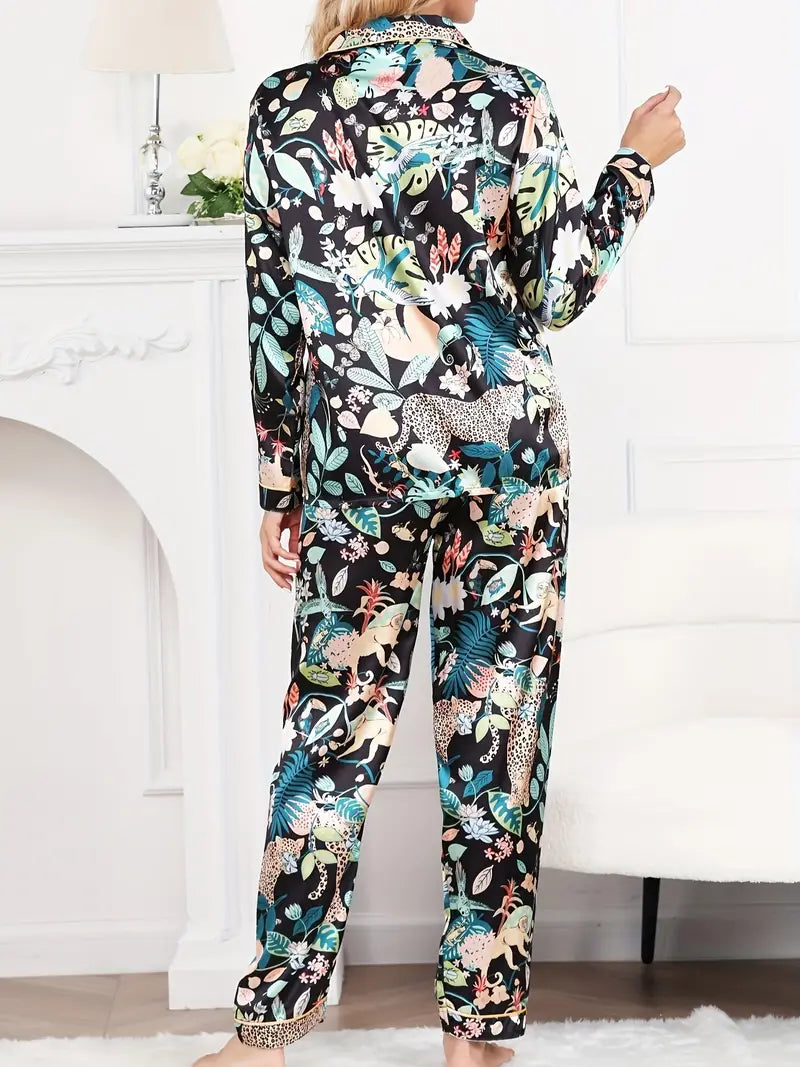 Casual Leopard & Tropical Print Satin Pajama Set, Long Sleeve Button Up Lapel Collar Top & Elastic Pants, Women's Sleepwear & Loungewear