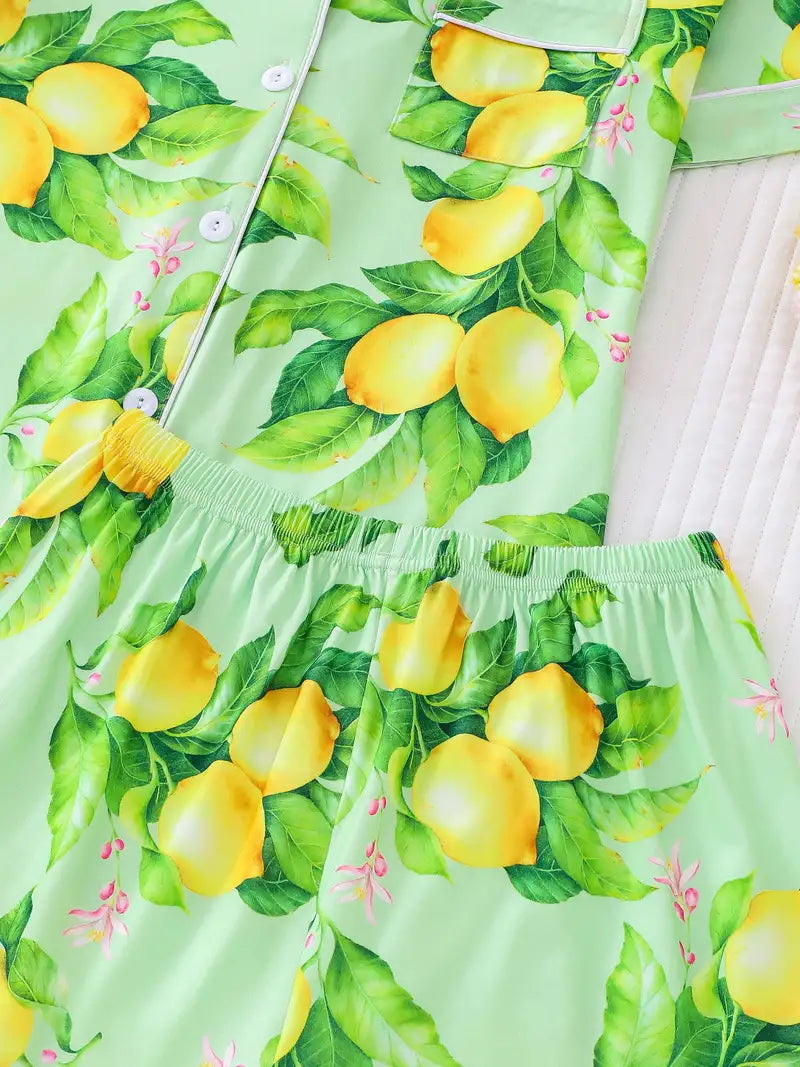 Allover Lemon Print Pajama Set, Casual Short Sleeve Button Up Lapel Collar Top & Shorts, Women's Sleepwear