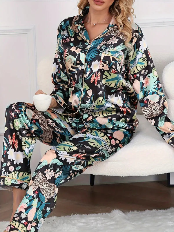 Casual Leopard & Tropical Print Satin Pajama Set, Long Sleeve Button Up Lapel Collar Top & Elastic Pants, Women's Sleepwear & Loungewear