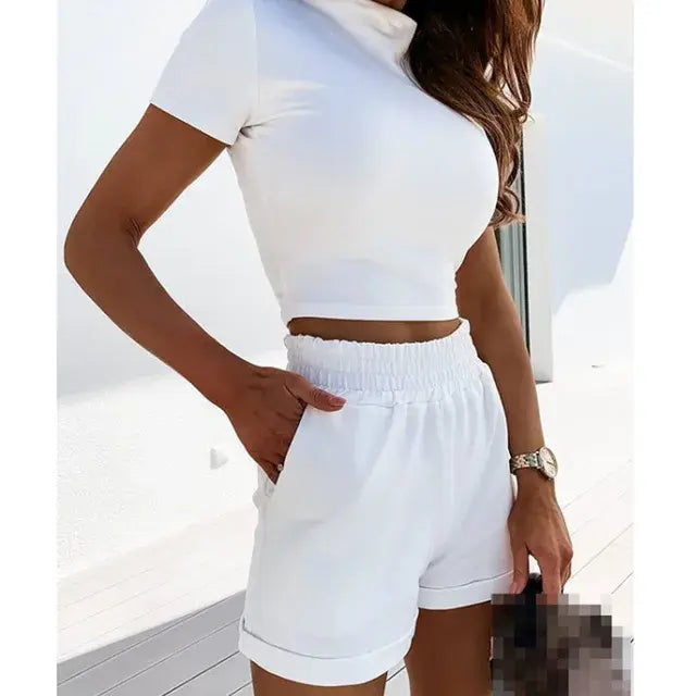 2 Piece Set Women Summer O-Neck Casual Crop Top 2020 Female Clothing Tracksuit Pockets Loose Shorts Two Piece Autumn Fashion Outdoor