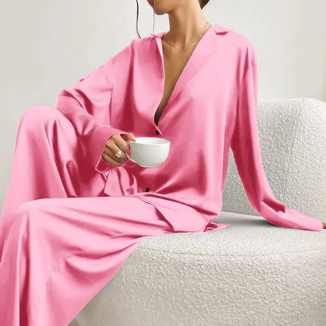 Summer Oversized Satin Silk Sleepwear Low Cut Sexy Pajamas For Women Single-Breasted Long Sleeves Wide Leg Pants Trouser Suits