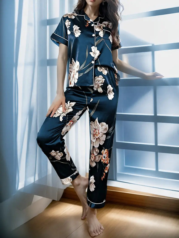 Navy Blue Floral Satin Pajama Set for Women - Casual All-Season Short Sleeve Button-Up Sleepwear with Elastic Waist Long Pants - Micro Elastic Woven Fabric with Daffodil Print - Machine Washable