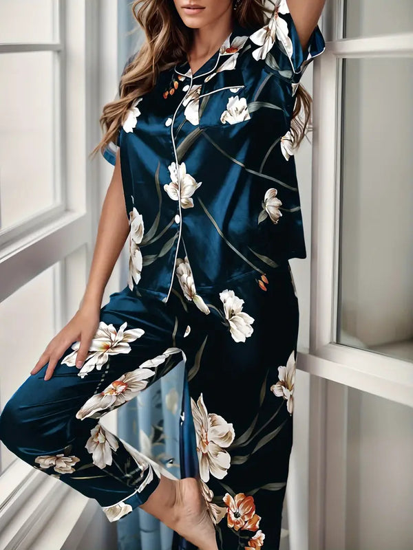 Navy Blue Floral Satin Pajama Set for Women - Casual All-Season Short Sleeve Button-Up Sleepwear with Elastic Waist Long Pants - Micro Elastic Woven Fabric with Daffodil Print - Machine Washable