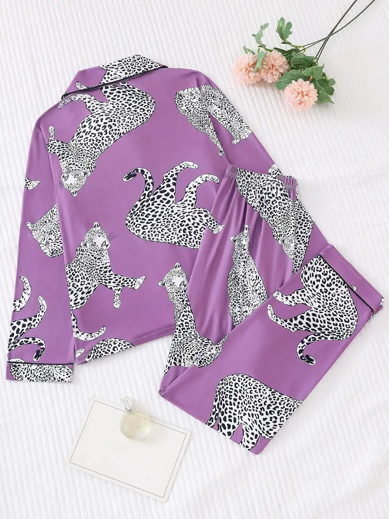 Women's Chic Animal Print Pajama Set - Long Sleeve, Button-Up Top & Elastic Waist Pants, All-Season Comfort Loungewear