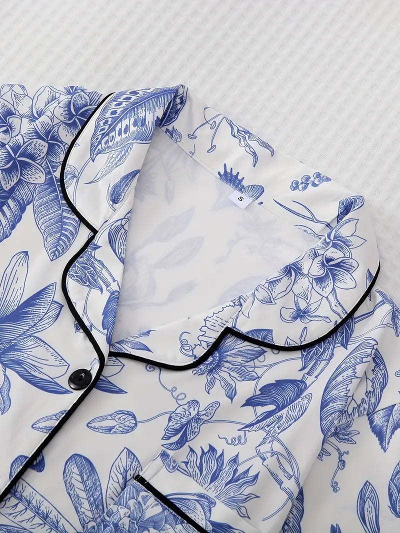 Women's Floral Print Pajama Set with Long Sleeve Top and Elastic Waistband Pants - Comfortable Sleepwear and Loungewear