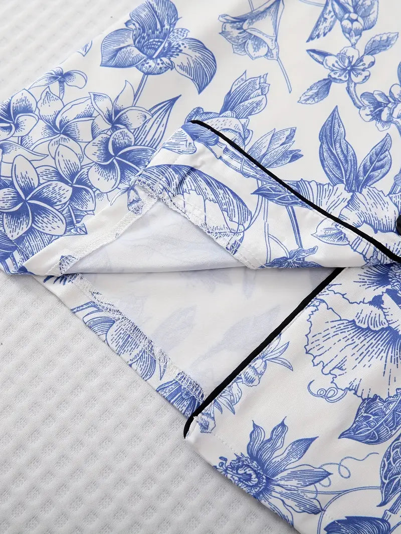 Women's Floral Print Pajama Set with Long Sleeve Top and Elastic Waistband Pants - Comfortable Sleepwear and Loungewear