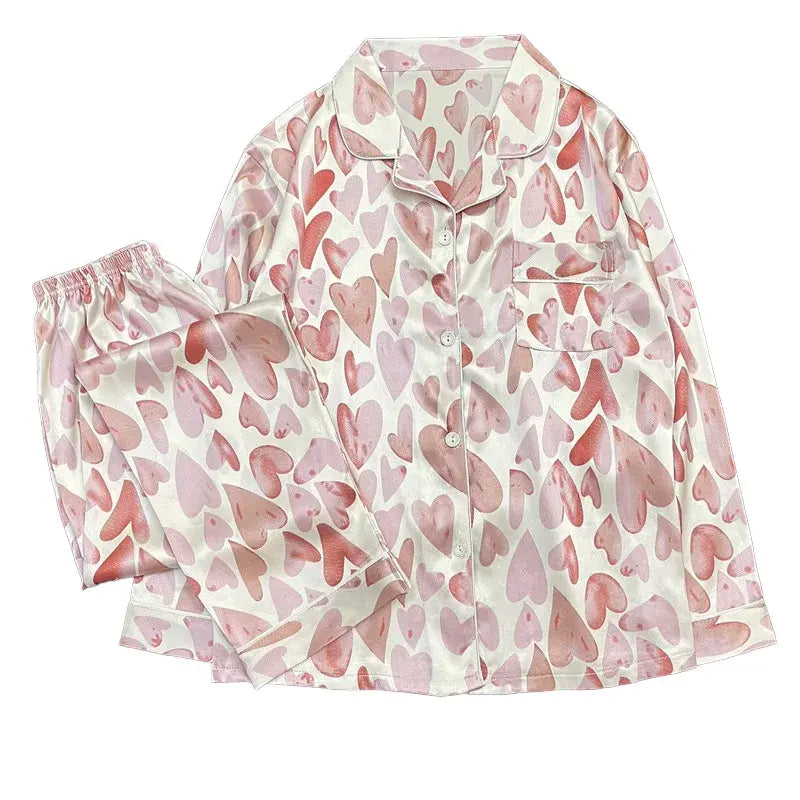 Women's Pajamas Sets Spring Autumn 2 Piece Print Heart Pyjama Faux Silk Satin Sleepwear Long Sleeve Pijama Mujer Pjs Homewear