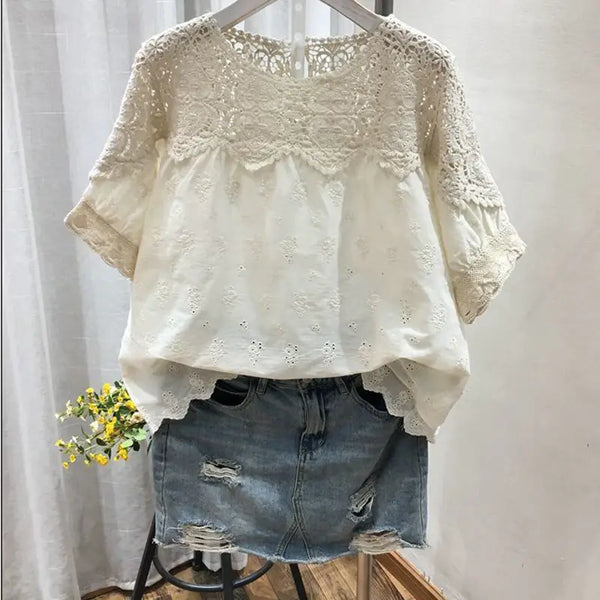 Cotton embroidery hollow short-sleeved shirt female 2023 summer design sense of fashion temperament casual tops Outdoor