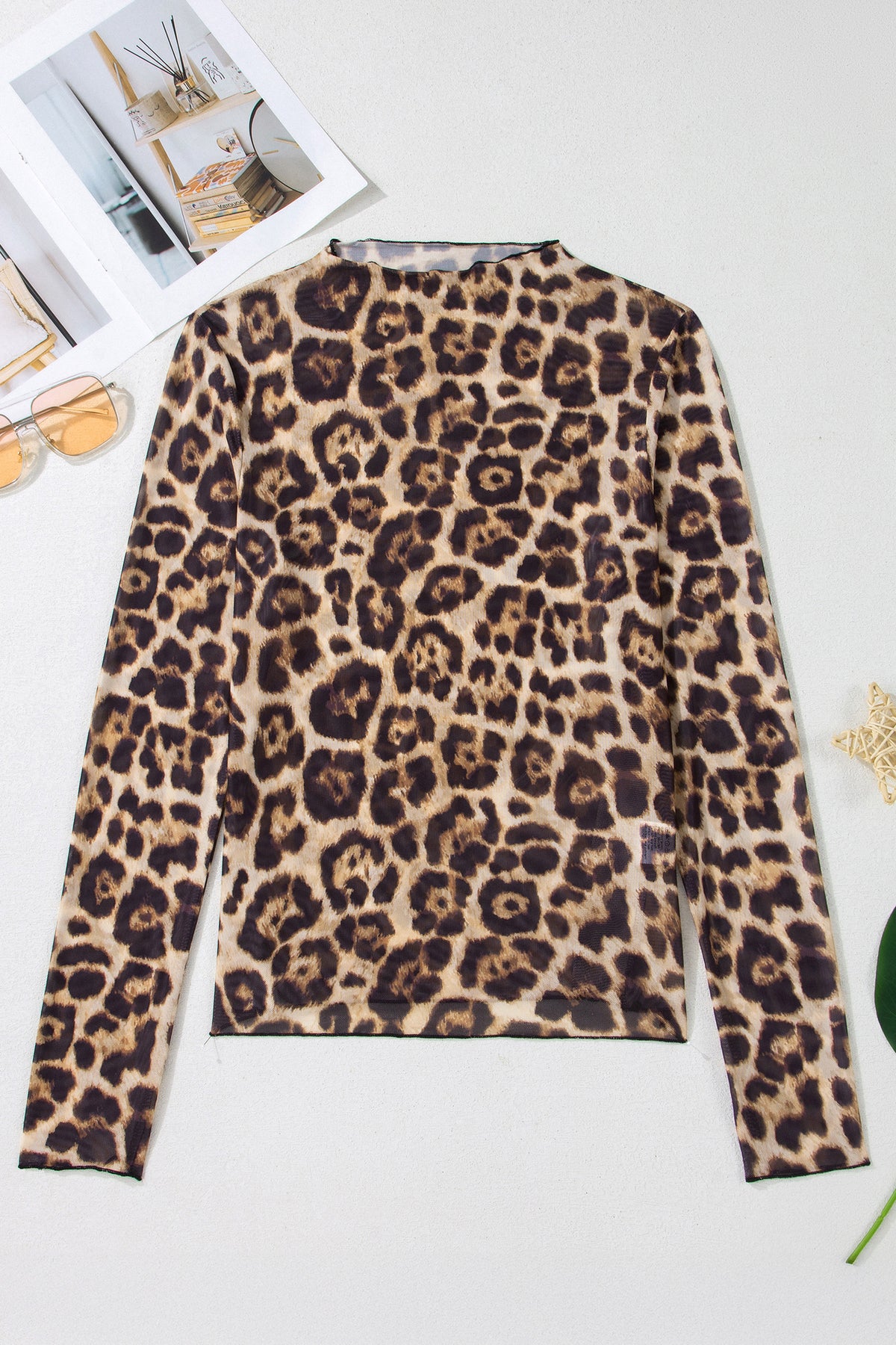Beige Floral Print Slim Fit Mesh Long Sleeve Mock Neck Top