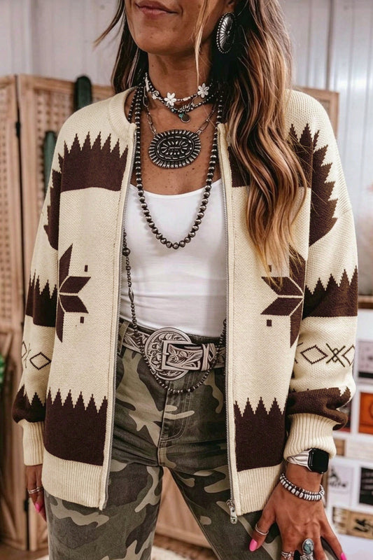 Beige Western Geometric Zip Front Sweater Cardigan