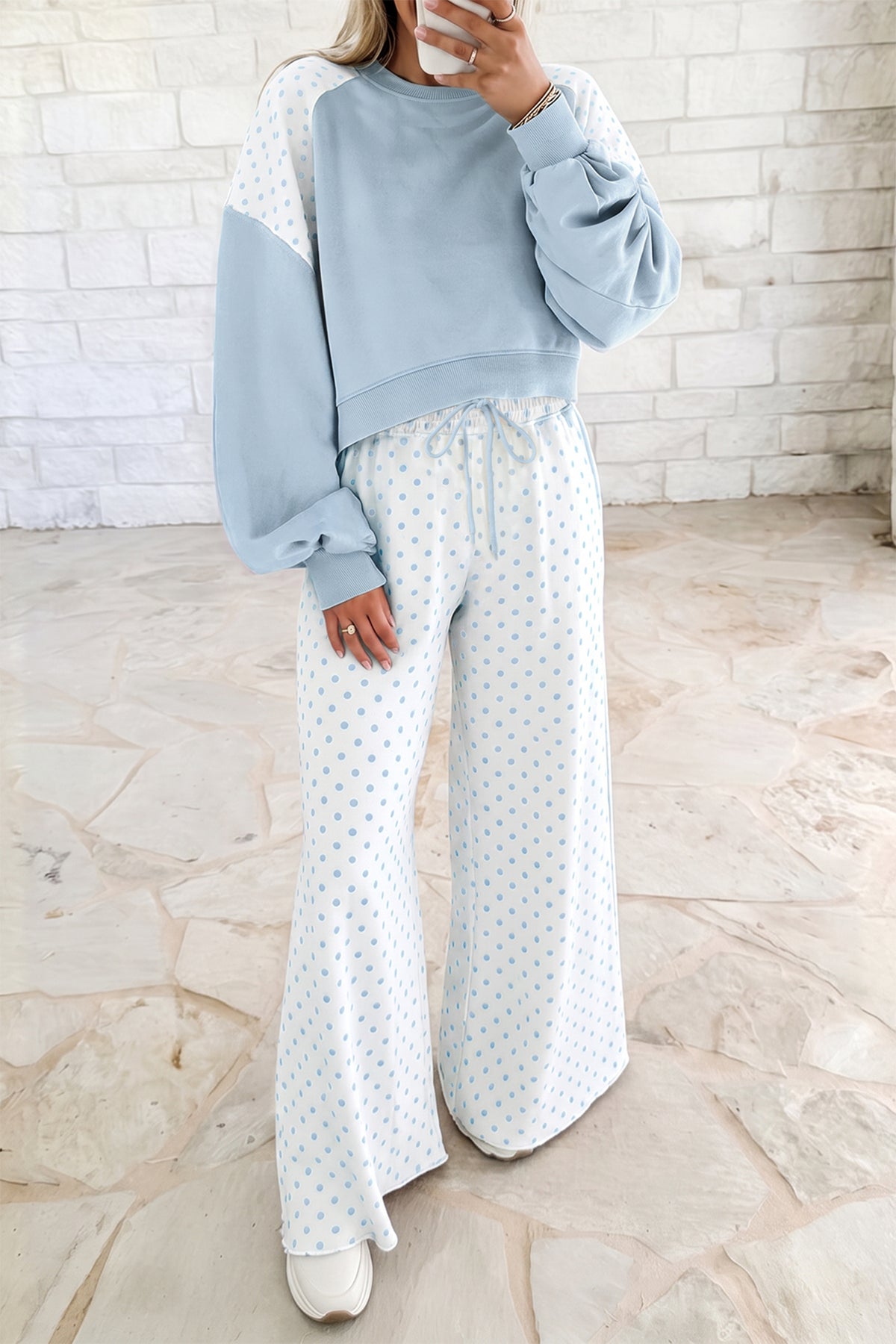 Green Polka Dot Patchwork Colorblock Long Sleeve Casual Two Piece Pants Set