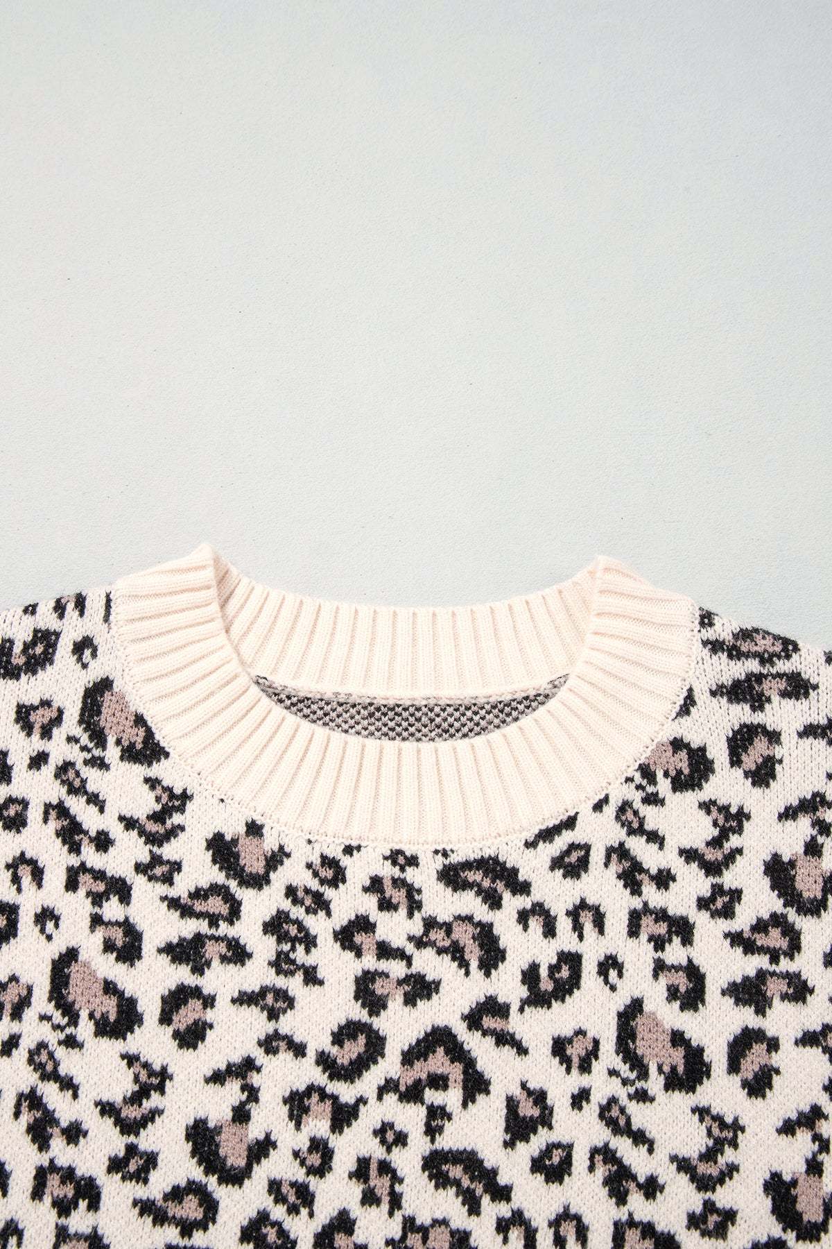 Beige Leopard Print Ribbed Color Block Trim Pullover Sweater