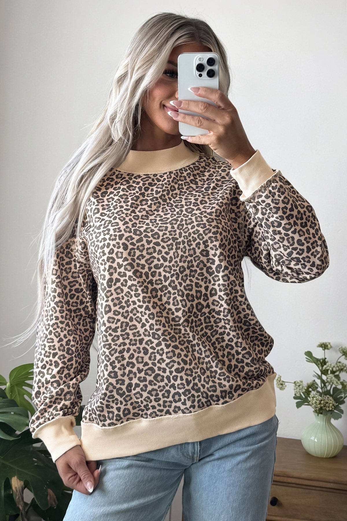 Leopard Print High-Neck Sweatshirt