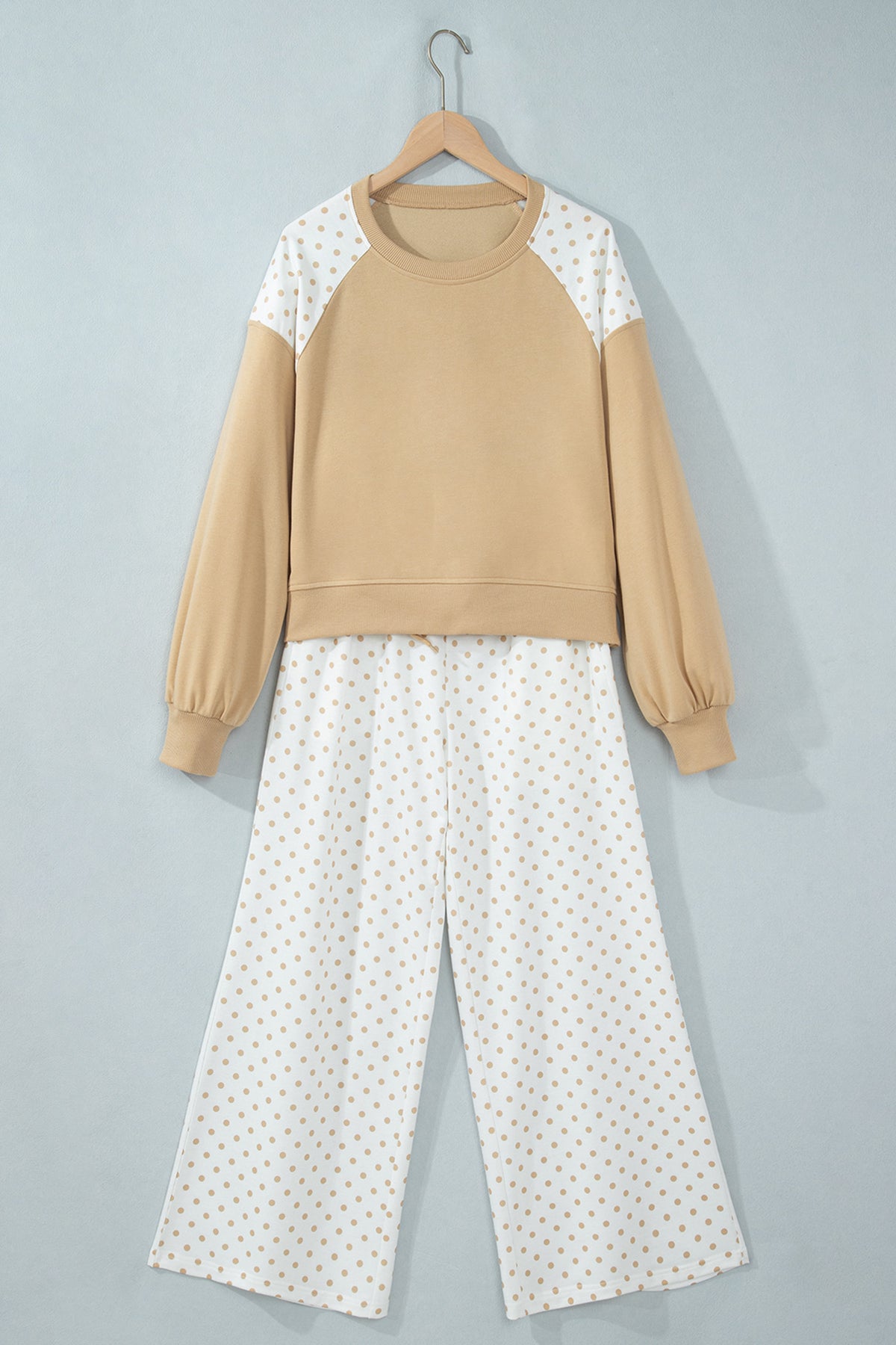 Green Polka Dot Patchwork Colorblock Long Sleeve Casual Two Piece Pants Set